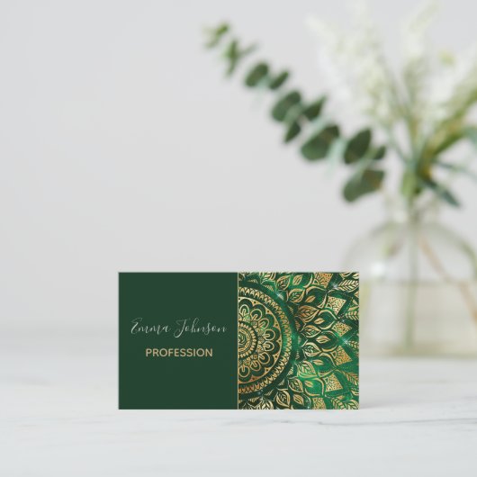 Elegant Gold Green Mandala Floral Visitekaartje (Staand voorkant)