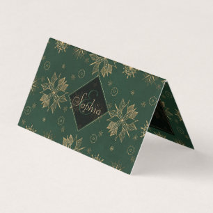 Elegant Gold Green Poinsettias Snowflakes Design Visitekaartje