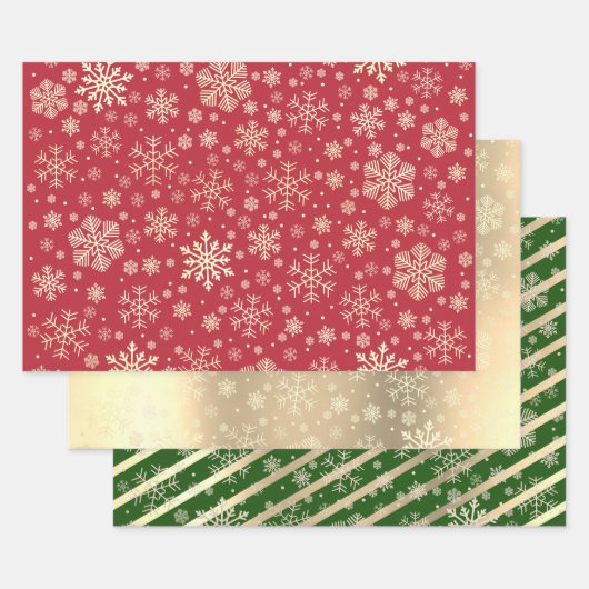 Elegant Gold Green Red Kerstmis Snowflake Patroon Inpakpapier Vel (Set)