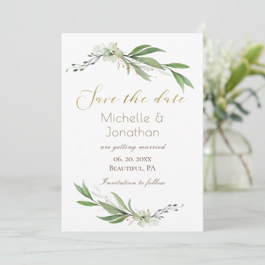 Elegant Gold Green Simple Floral Inspirerend Save The Date (Staand voorkant)