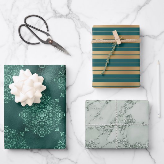 Elegant Gold Green Stripes Glitter Damask Gift Inpakpapier Vel (Voorkant)