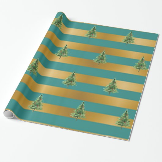 Elegant Gold Green Stripes, Pine Trees, Holiday Cadeaupapier (Uitgerold)