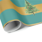 Elegant Gold Green Stripes, Pine Trees, Holiday Cadeaupapier (Rol Hoek)
