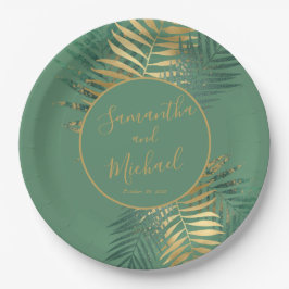 Elegant Gold Green Tropical Planten Leaves Wedding Papieren Bordje