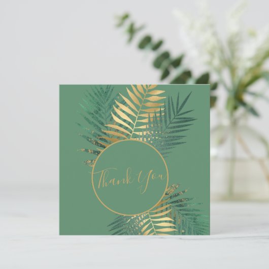 Elegant Gold & Green Tropical Planten Weddenfoto Bedankkaart (Staand voorkant)