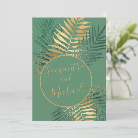 Elegant Gold & Green Tropical Planten Weddenschap Kaart (Staand voorkant)
