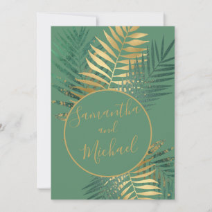 Elegant Gold & Green Tropical Planten Weddenschap Kaart