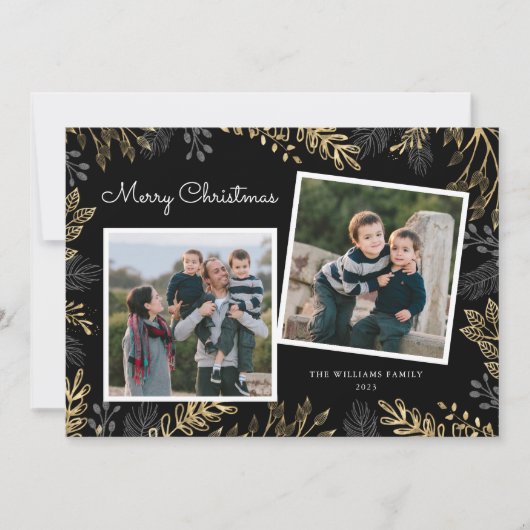 Elegant Gold Greenery 2 Foto's met prettig kerstfe Feestdagenkaart (Voorkant)