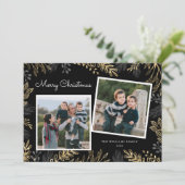 Elegant Gold Greenery 2 Foto's met prettig kerstfe Feestdagenkaart (Staand voorkant)
