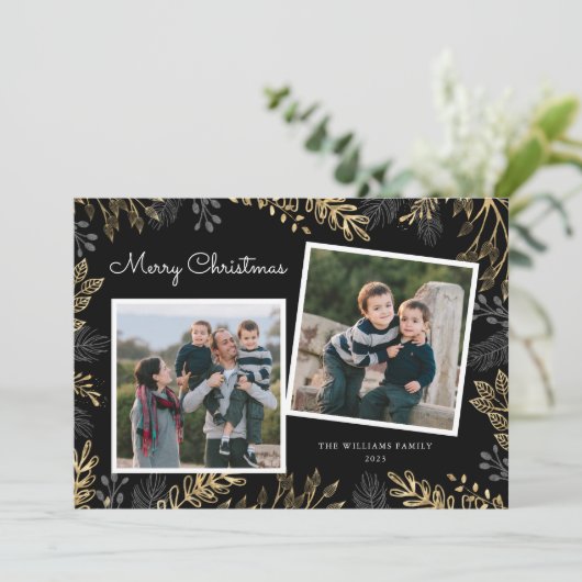Elegant Gold Greenery 2 Foto's met prettig kerstfe Feestdagenkaart (Staand voorkant)