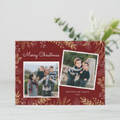 Elegant Gold Greenery 2 Foto's Peace Love & Joy Feestdagenkaart (Staand voorkant)