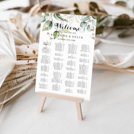 Elegant Gold Greenery Alfabetical Seat Chart Poster