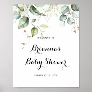 Elegant Gold Greenery Baby shower Welkom Poster