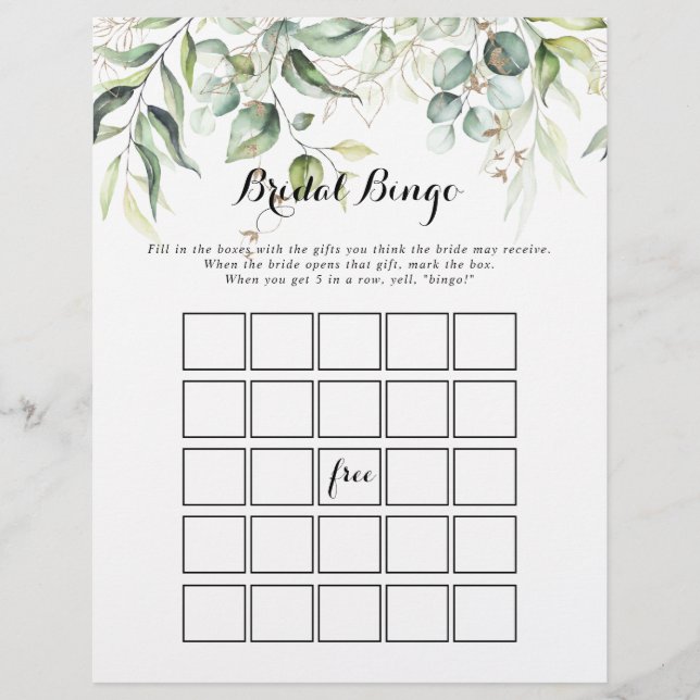 Elegant Gold Greenery Bridal Bingo Game (Voorkant)