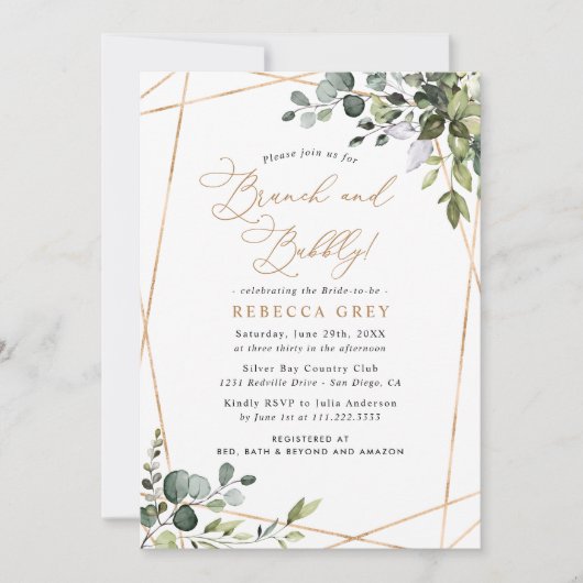 Elegant Gold Greenery Bridal Brunch & Bubble Kaart (Voorkant)