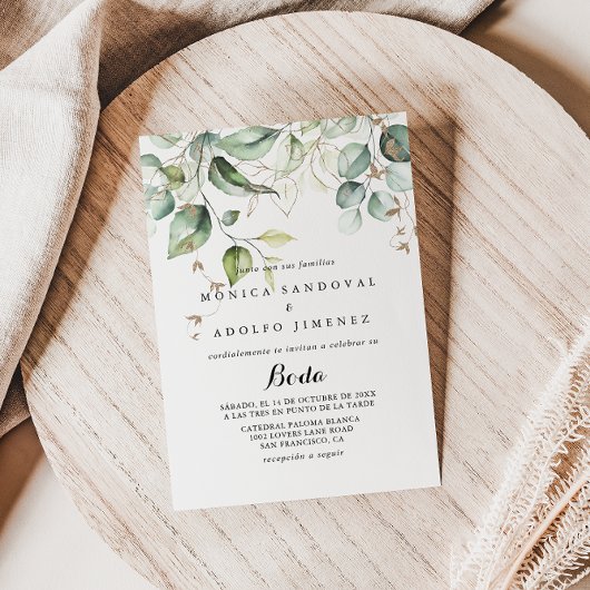 Elegant Gold Greenery Calligraphy Spain Wedding Kaart