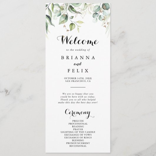 Elegant Gold Greenery Calligraphy Wedding Programm Programmakaart (Voorkant)