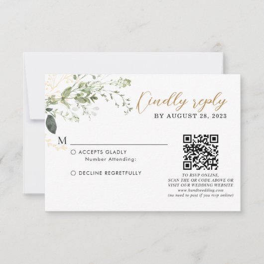 Elegant Gold Greenery Eucalyptus QR Code Wedding RSVP Kaartje (Voorkant)
