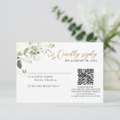 Elegant Gold Greenery Eucalyptus QR Code Wedding RSVP Kaartje (Staand voorkant)