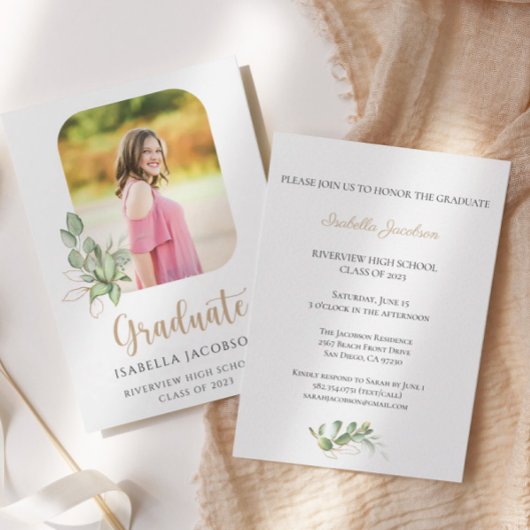 Elegant Gold Greenery Foto Afstuderen Kaart