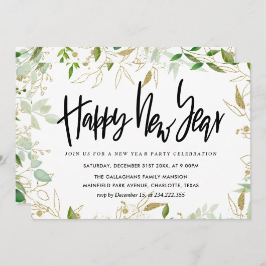 Elegant Gold Greenery Happy New Year Script Kaart (Voorkant / Achterkant)