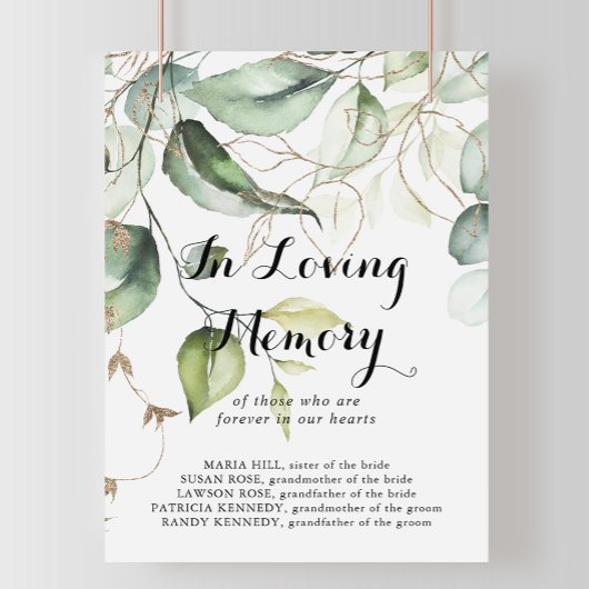 Elegant Gold Greenery in Loving Memory Sign Poster