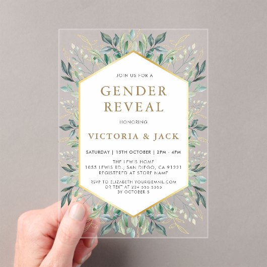 Elegant Gold Greenery Lijst Genderonthulling Acryl Uitnodigingen (Insitu (Draagbaar))