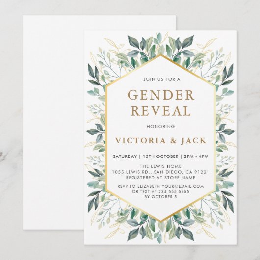 Elegant Gold Greenery Lijst Genderonthulling Kaart (Voorkant / Achterkant)