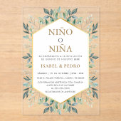 Elegant Gold Greenery Lijst Spaans Geslacht Reveal Acryl Uitnodigingen (Voorkant)