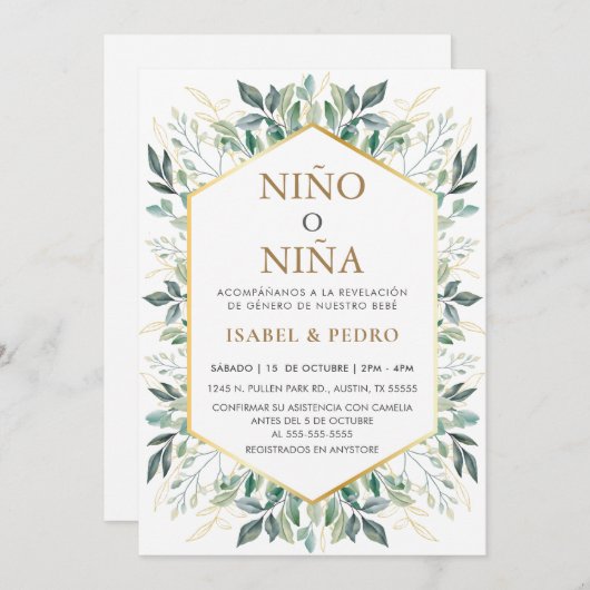 Elegant Gold Greenery Lijst Spaans Geslacht Reveal Kaart (Voorkant / Achterkant)