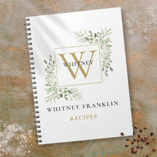 Elegant Gold Greenery Monogram Recipe Cookbook Notitieboek