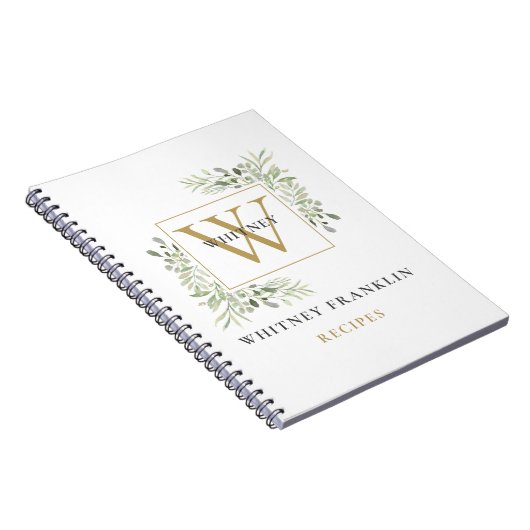 Elegant Gold Greenery Monogram Recipe Cookbook Notitieboek (Rechterzijde)