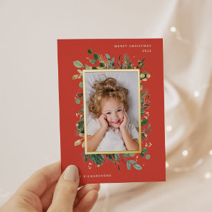 Elegant Gold Greenery   Rood met foto Folie Feestdagen Briefkaart