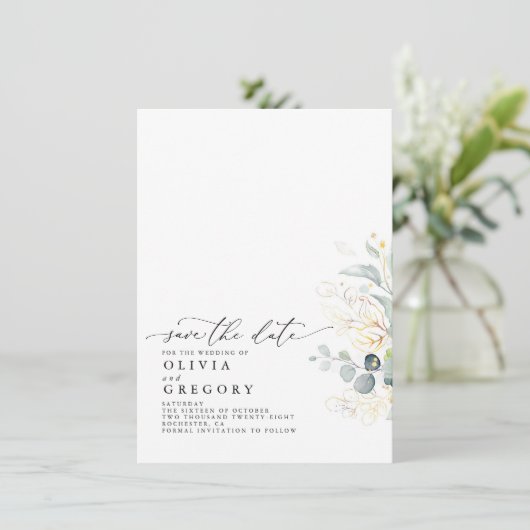 Elegant Gold Greenery slaat de datum op Aankondiging (Staand voorkant)