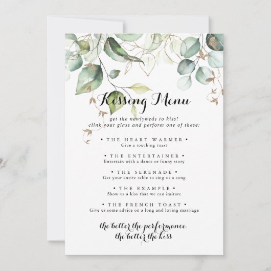 Elegant Gold Greenery Wedding Kissing Menu Game (Voorkant)