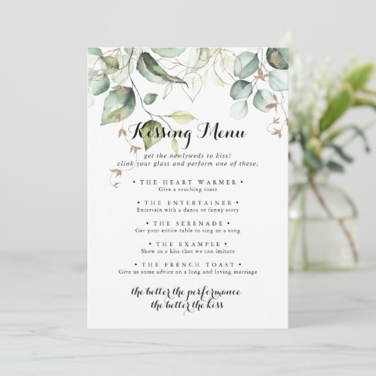 Elegant Gold Greenery Wedding Kissing Menu Game (Staand voorkant)
