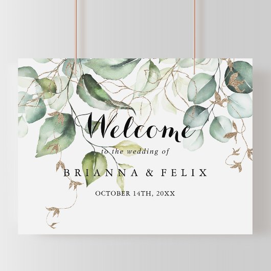 Elegant Gold Greenery Wedding Welcome Sign Poster