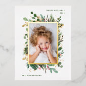 Elegant Gold Greenery | White met foto Folie Feestdagen Briefkaart (Voorkant)