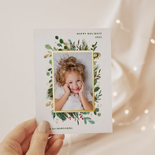Elegant Gold Greenery   White met foto Folie Feestdagen Briefkaart