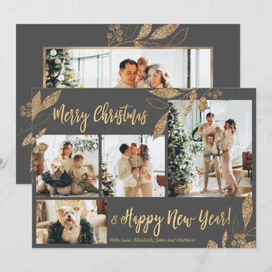 Elegant Gold Grey lekt 4 foto's met kerstkaart (Voorkant / Achterkant)
