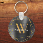 Elegant Gold Grey Monogram Name Script Geometric Sleutelhanger (Voorkant)