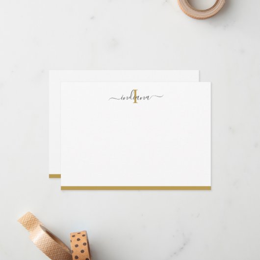 Elegant Gold Grey Script Monogram Name Initiaal Notitiekaartje (Voorkant / Achterkant in situ)