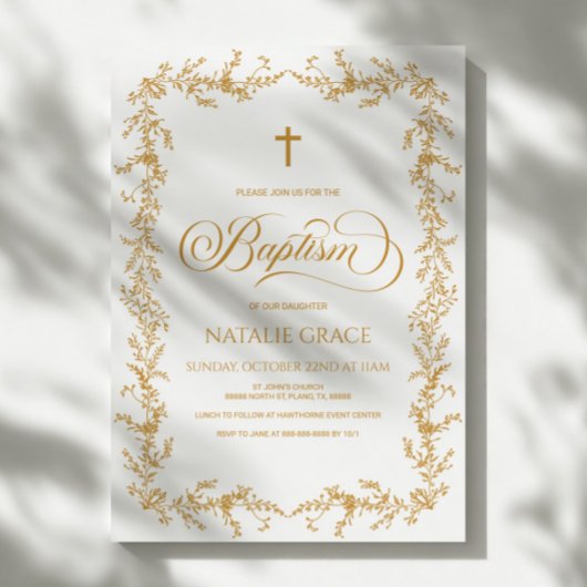 Elegant Gold Hand Drawn Floral Frame Baptism Kaart