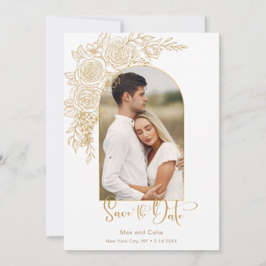 Elegant Gold Hand Drawn Roos Foto Save the Date (Voorkant)