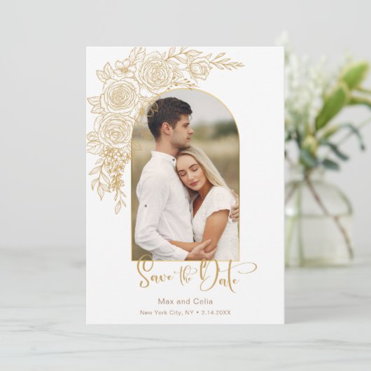 Elegant Gold Hand Drawn Roos Foto Save the Date (Staand voorkant)