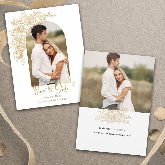Elegant Gold Hand Drawn Roos Foto Save the Date