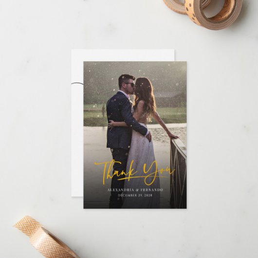 Elegant Gold Hand-Lettered Weddenfoto Hartelijk da Notitiekaartje (Voorkant / Achterkant in situ)