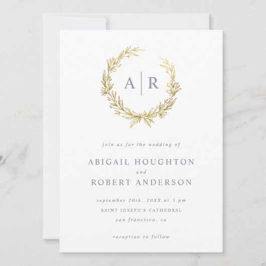 Elegant Gold-handgetekende Wreath Initialen Weddin Kaart (Voorkant)