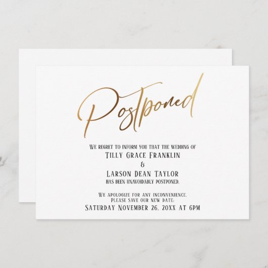 Elegant Gold Handwrite Postponed Wedding Kaart (Voorkant / Achterkant)