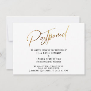 Elegant Gold Handwrite Postponed Wedding Kaart
